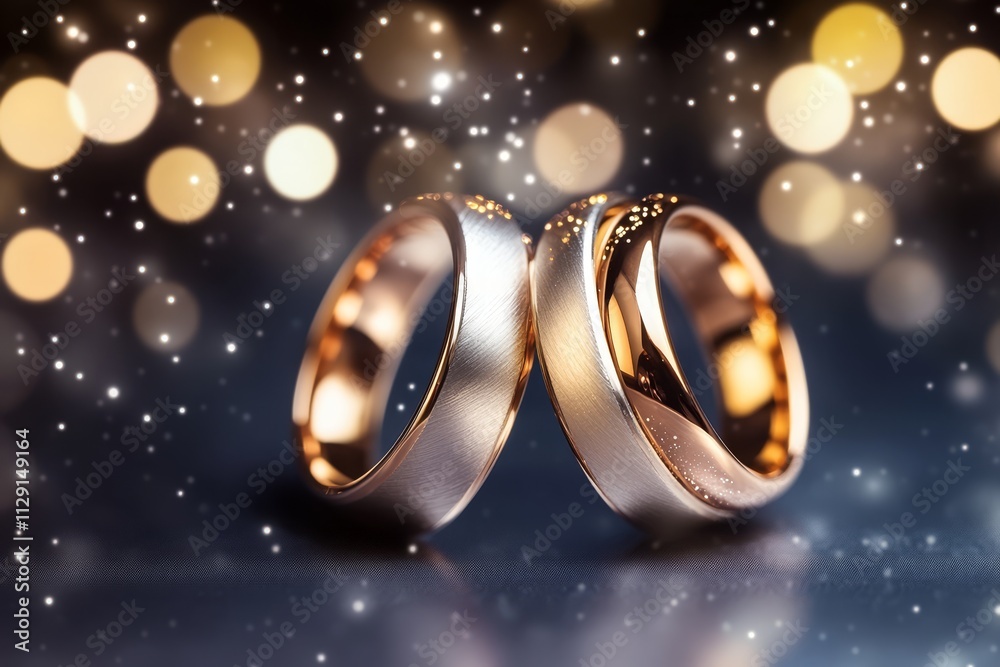 Two wedding rings, one gold and one silver, rest on a dark reflective surface with a bokeh background. Two wedding rings, one gold and one silver, rest on a dark reflective surface with a bokeh background.