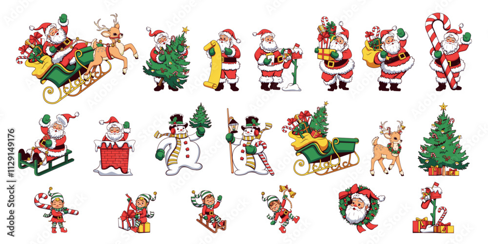 Vector Merry Christmas Happy New Year Cartoon sticker Set Illustration Isolated Vector Merry Christmas Happy New Year Cartoon sticker Set Illustration Isolated