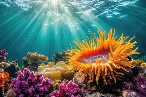 Vibrant yellow sea anemone dominating colorful coral reef ecosystem