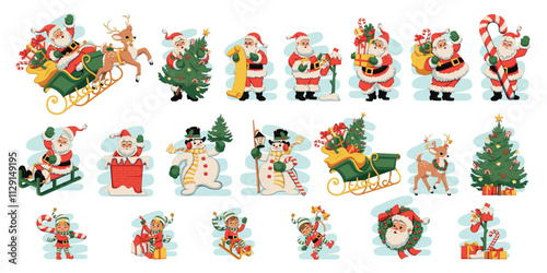 Vector Merry Christmas Happy New Year Cartoon sticker Set Illustration Isolated