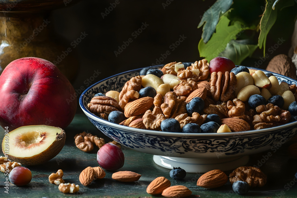 a bowl of nuts and fruit on a table a bowl of nuts and fruit on a table
