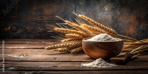 A wooden bowl filled with freshly milled flour sits on a rustic table alongside a bundle of golden wheat stalks, showcasing the essence of traditional baking. photo