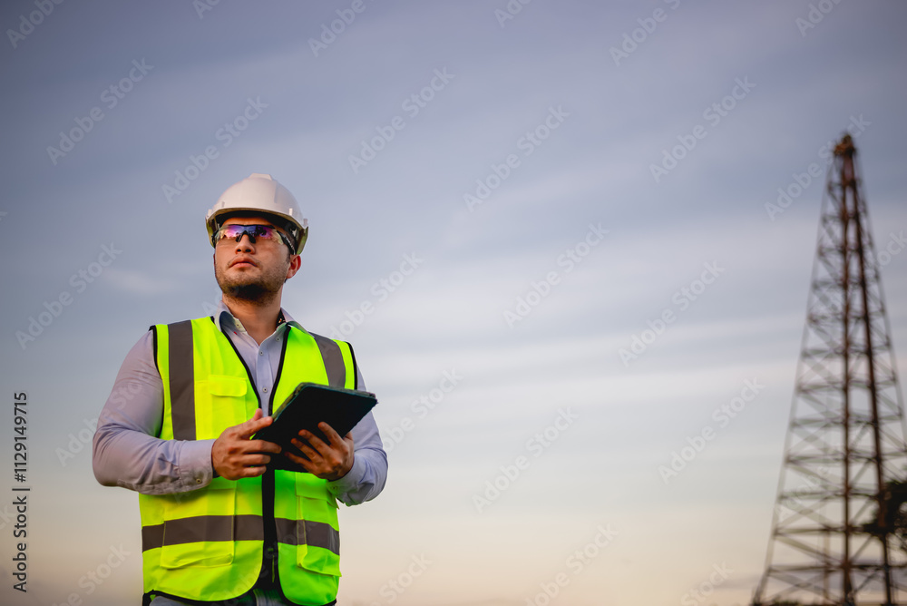 Engineer is inspecting the construction site and planning the construction of an office building for a factory. Engineer is inspecting the construction site and planning the construction of an office building for a factory.