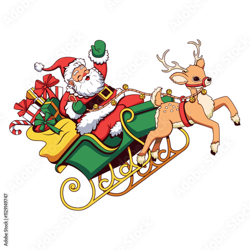 Vector Santa Claus Sleigh Reindeer Cartoon Illustration Isolated