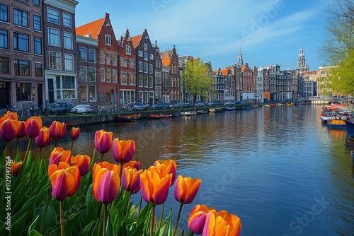 Colorful tulips blooming along amsterdam canal with traditional houses photo