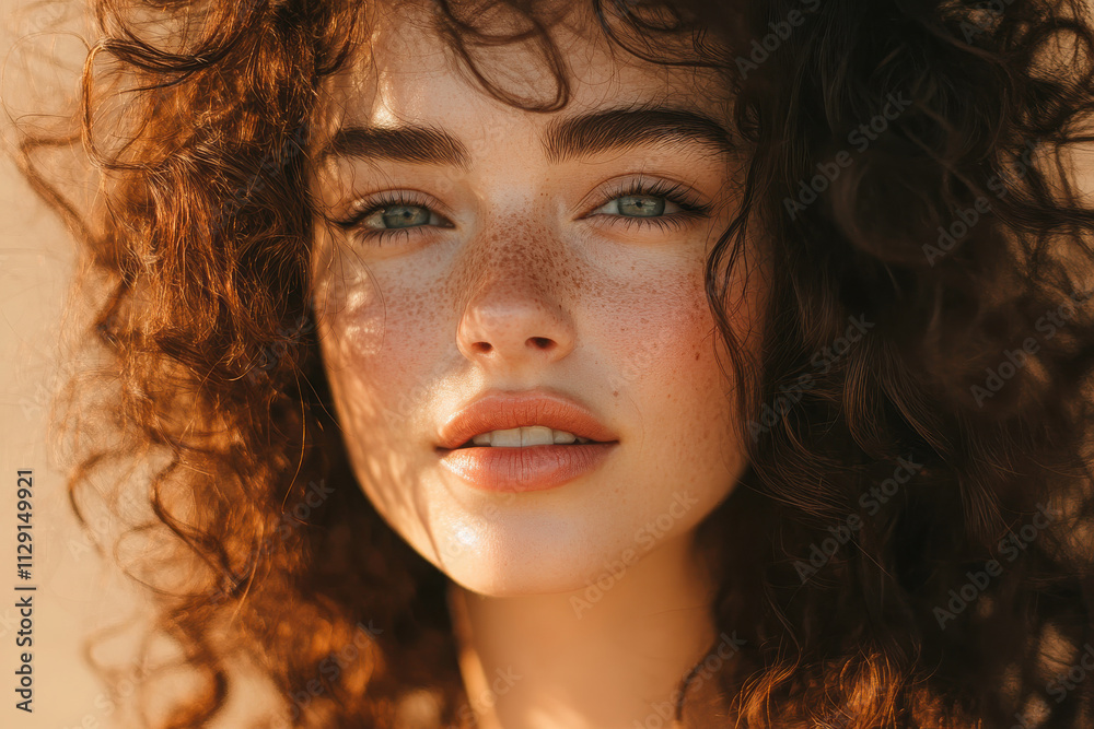 Close-up portrait of a young woman with curly hair and freckles, capturing natural beauty. Close-up portrait of a young woman with curly hair and freckles, capturing natural beauty.