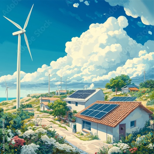 Solar panels and windmill turbines for electricity grid. Renewable electric sun wind power plant station. Clean sustainable energy photovoltaic generation. Isolated vector icon illustration on white. photo