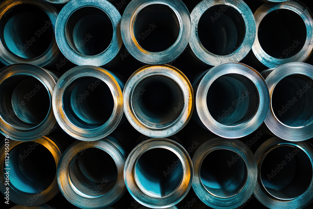 Close-up view of metallic pipes arranged in a structured pattern. Close-up view of metallic pipes arranged in a structured pattern.