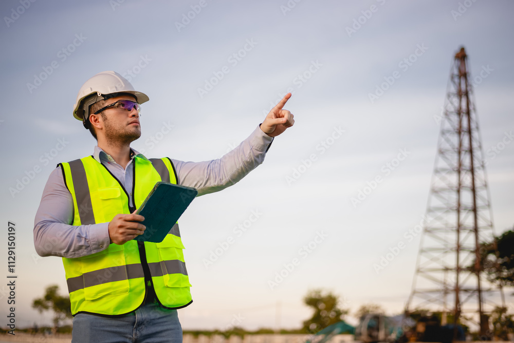 Engineer is inspecting the construction site and planning the construction of an office building for a factory. Engineer is inspecting the construction site and planning the construction of an office building for a factory.