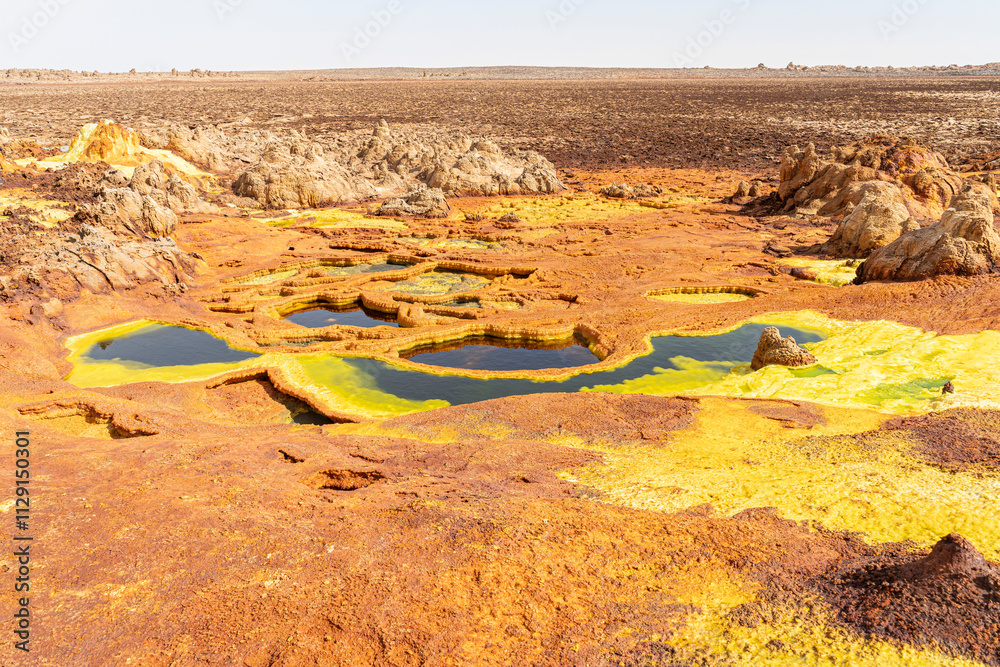 Panorama of surreal colors and Mars like landscape created by Sulphur springs in the hottest place on earth, the Danakil Depression in the Afar Region