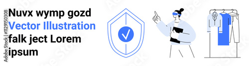 Shield with checkmark, individual analyzing data with tablet, clothes on a rack illustrate security audit. Ideal for cybersecurity, online shopping safety, data protection, retail security