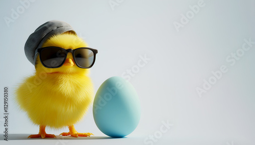 Cool yellow chick and colored Easter egg on light neutral background. Festive Easter background, copy space. Easter greeting or post card template. Yellow chickie wearing sunglasses with painted egg