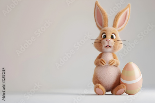 Funny rabbit with painted Easter egg on light neutral background. Festive Easter background, copy space. Easter greeting or post card template. Cute Eater rabbit and colored egg photo