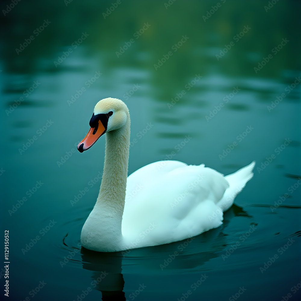A white swan with a striking orange beak glides across a tranquil body of water, its reflection subtly mirrored in the surface. A white swan with a striking orange beak glides across a tranquil body of water, its reflection subtly mirrored in the surface.