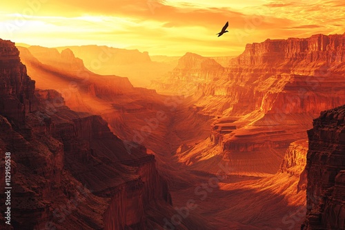 A panoramic desert canyon with layered rock formations, vibrant orange and red hues, and a lone bird soaring high, photorealistic close-up 1 photo