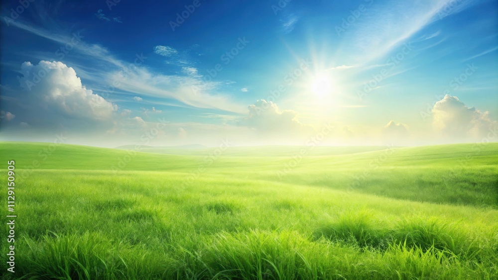 A vast expanse of verdant grass stretches towards the horizon, illuminated by the golden rays of the sun breaking through the clouds, painting the sky with hues of blue and white.