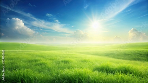 A vast expanse of verdant grass stretches towards the horizon, illuminated by the golden rays of the sun breaking through the clouds, painting the sky with hues of blue and white.