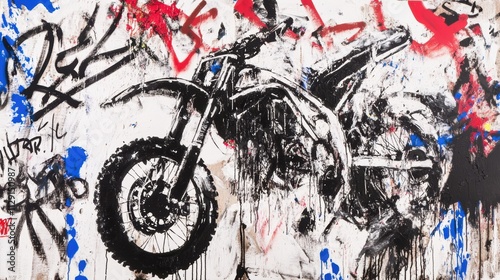 Dynamic graffiti artwork of a dirt bike in motion, created with bold black brushstrokes, red and blue paint splashes, and layered urban-style graffiti on a white background.