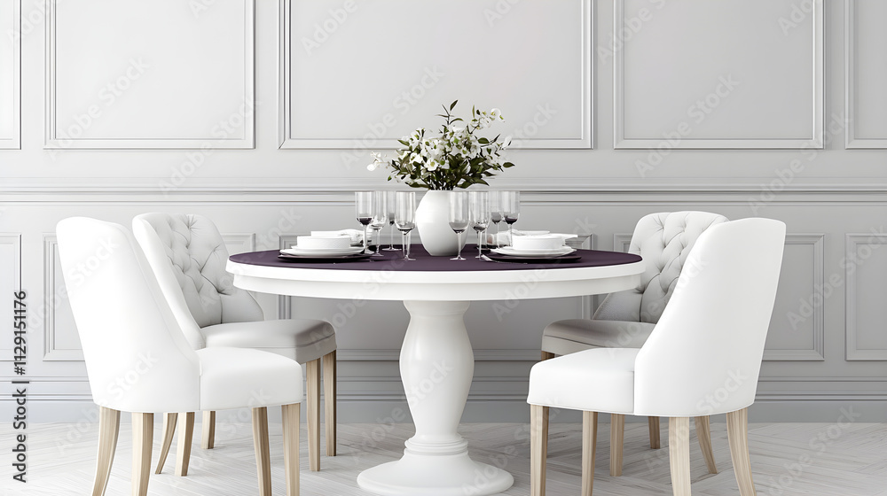 Elegant dining area with muted purple table and stylish white chairs Elegant dining area with muted purple table and stylish white chairs