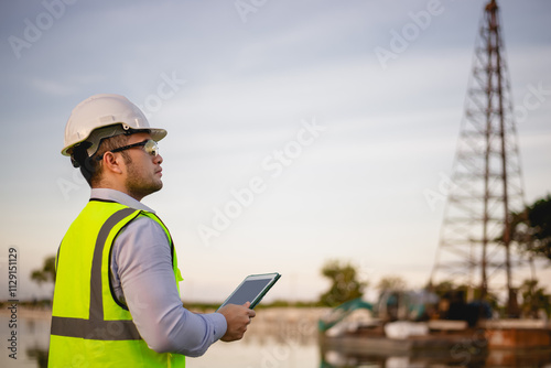 Engineer is inspecting the construction site and planning the construction of an office building for a factory.