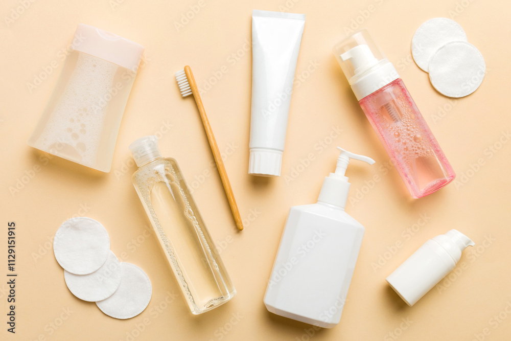 Mockup for bathing products top view flat lay, spa razor, toothpaste, soap, gel and other various accessories. Cosmetics for skin health. Bath Mockup for your logo Mockup for bathing products top view flat lay, spa razor, toothpaste, soap, gel and other various accessories. Cosmetics for skin health. Bath Mockup for your logo