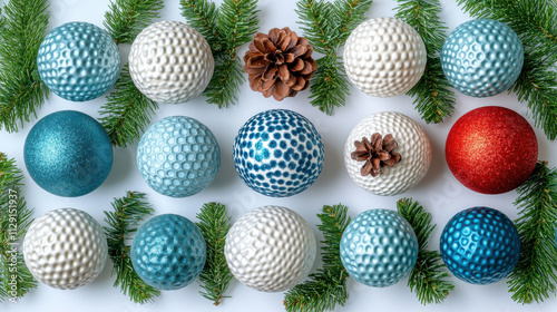 Colorful Christmas ornaments arranged with pine cones and greenery create festive atmosphere. vibrant colors and textures enhance holiday spirit