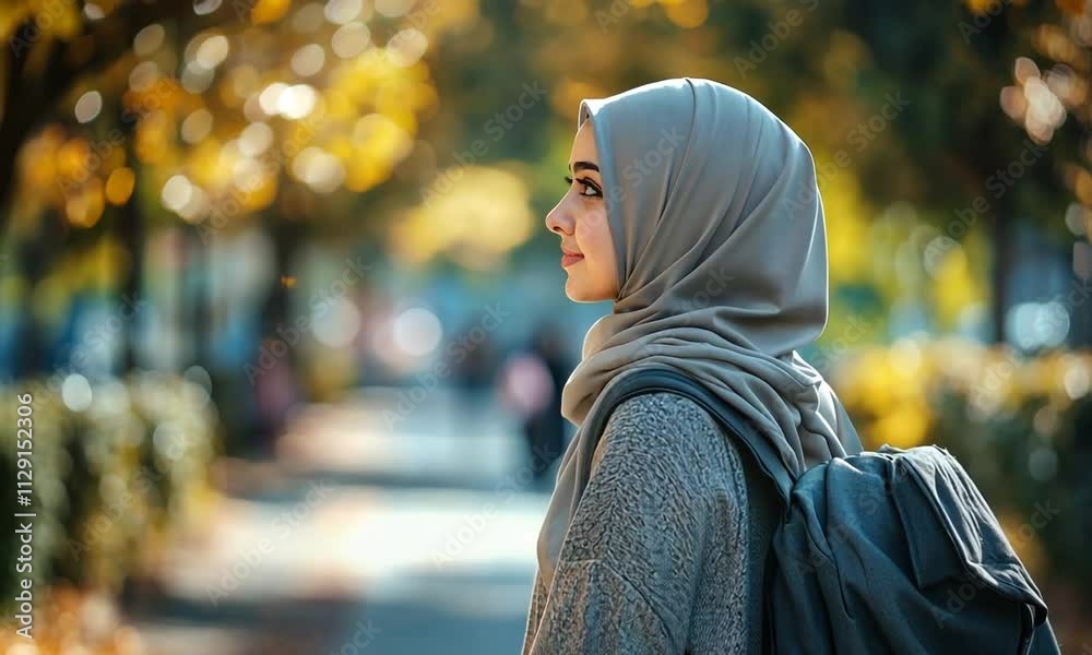 Young woman in a hijab walking in a sunlit park. Young woman in a hijab walking in a sunlit park.
