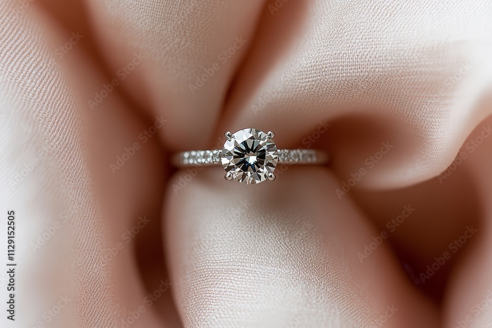 Obraz premium Solitaire diamond engagement ring on pink silk. (4)