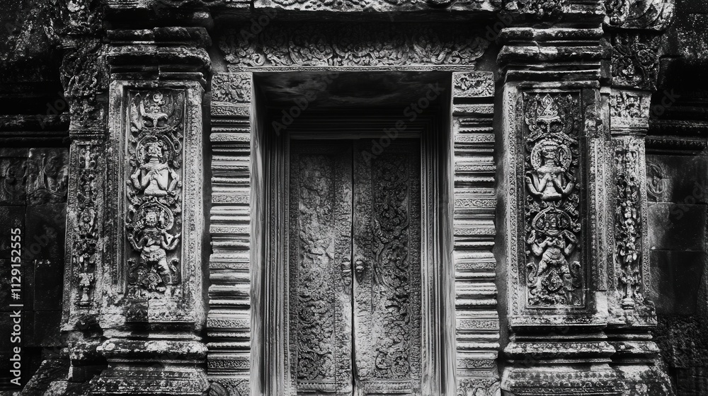 weathered temple door, carved with symbols and designs. weathered temple door, carved with symbols and designs.