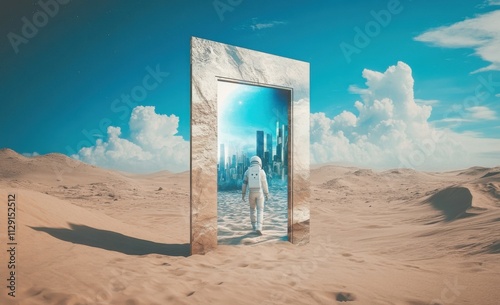 A surreal door frame with an astronaut standing inside, in the middle of sand dunes and a blue sky. A cityscape is visible through the portal.