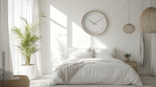 A contemporary room wall clock with a minimalist design, featuring thin metallic hands and no numerals, placed on a white wall