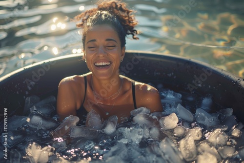 A happy athletic woman sits deeply immersed in icy water inside a dark grey plastic tub filled with ice cubes. The scene is set in a brightly lit gym on a sunny day.