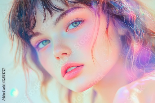 A beautiful girl in a pastel-colored mosaic art style, wearing soft colors like peach and lavender, with a dreamy expression, close-up portrait 4