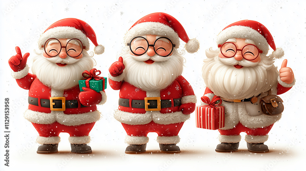Three Joyful Cartoon Santa Claus Characters with Holiday Cheer Three Joyful Cartoon Santa Claus Characters with Holiday Cheer