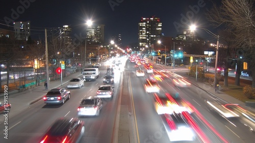 Busy city street at night with moving cars, urban traffic, illuminated by city lights.