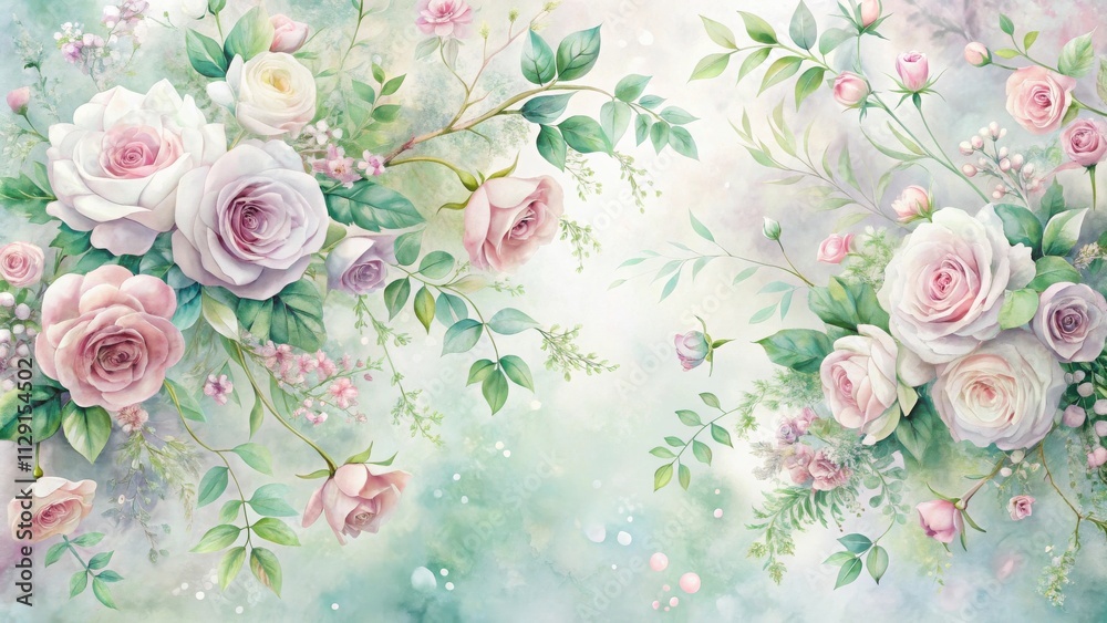 Obraz premium A Delicate Watercolor Illustration of Pink and White Roses with Lush Green Foliage on a Soft Pastel Background