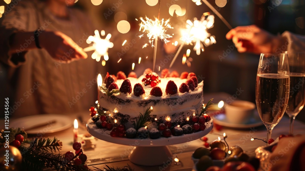 Celebrate with a stunning cake adorned with fresh berries and festive sparklers, surrounded by warmth and joy Celebrate with a stunning cake adorned with fresh berries and festive sparklers, surrounded by warmth and joy