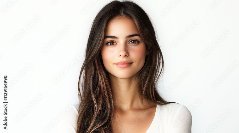 Portrait of a young woman with long brown hair wearing a white top against a white background Portrait of a young woman with long brown hair wearing a white top against a white background