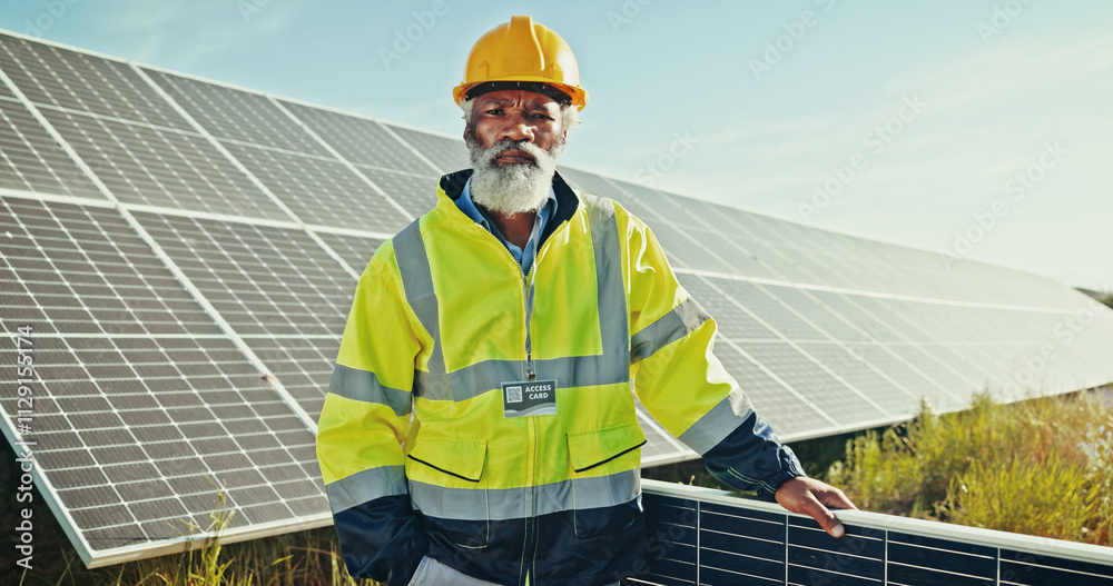 Black man, portrait and solar panel at farm, energy saving and supervisor for panel maintenance. Mature person, renewable power supply and outdoor for ecology project, safety helmet and grid system Black man, portrait and solar panel at farm, energy saving and supervisor for panel maintenance. Mature person, renewable power supply and outdoor for ecology project, safety helmet and grid system