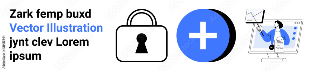 Text block, lock icon, blue medical plus sign, and person analyzing data on computer screen. Ideal for security, data management, healthcare, analytics, digital solutions technology marketing Text block, lock icon, blue medical plus sign, and person analyzing data on computer screen. Ideal for security, data management, healthcare, analytics, digital solutions technology marketing