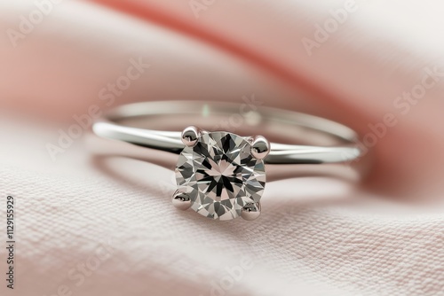 Sparkling solitaire diamond ring on pink fabric.