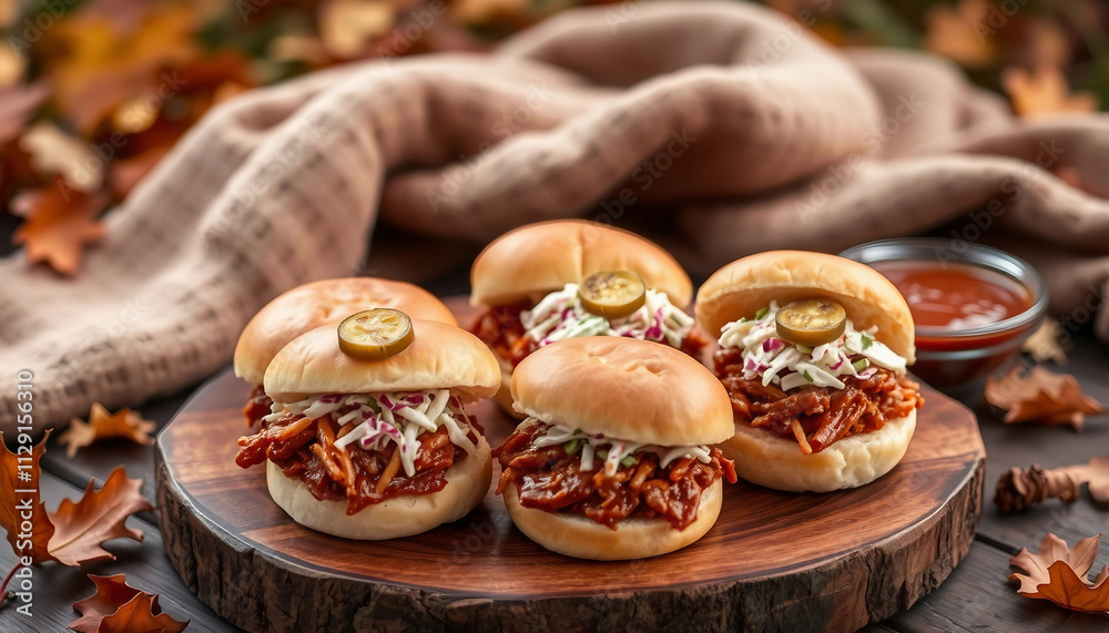 Four appetizing pulled pork sliders served on a plate with BBQ sauce, surrounded by fall decor and leaves.
Four appetizing pulled pork sliders served on a plate with BBQ sauce, surrounded by fall decor and leaves.