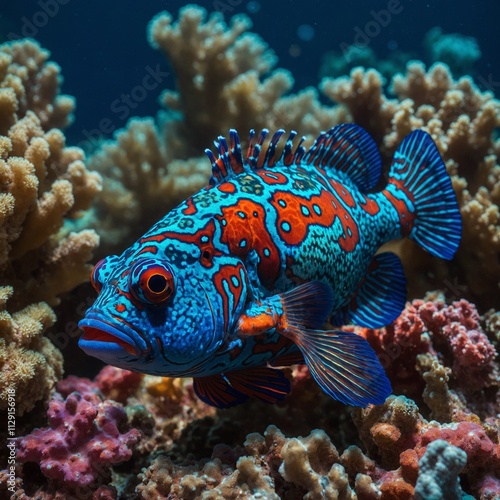 A stunningly detailed mandarin fish in a kaleidoscope of coral and sponge textures.