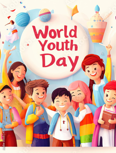 World Youth Day Celebrations Global Generative AI Poster Cartoon Environment Youth Engagement
