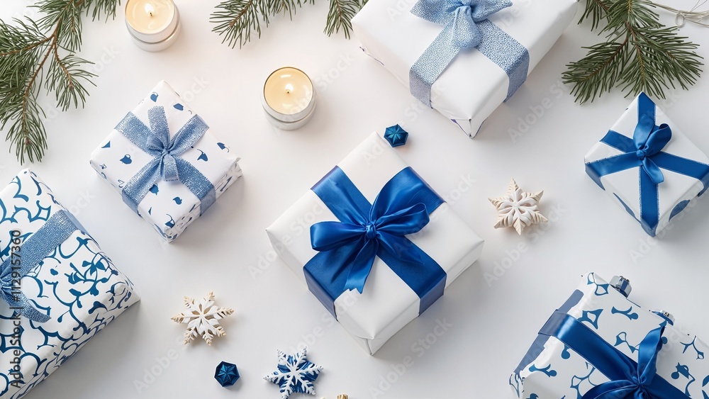 Elegant Holiday Gifts in White and Blue with Natural Decor and Copy Space Elegant Holiday Gifts in White and Blue with Natural Decor and Copy Space