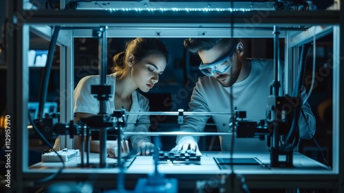 Engineers in lab monitoring a large-scale 3D printer producing components. Manufacturing process