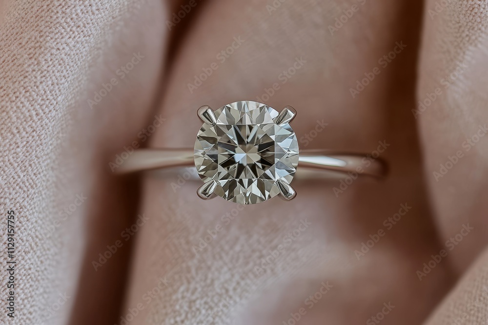 Close-up of a solitaire diamond ring on blush pink fabric. Close-up of a solitaire diamond ring on blush pink fabric.