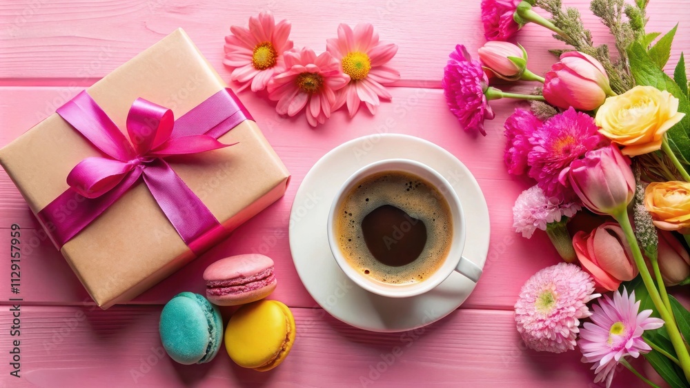 A Pink Celebration A Gift Box Tied with a Pink Ribbon, a Cup of Coffee, and Delicate Flowers on a Pink Wooden Background A Pink Celebration A Gift Box Tied with a Pink Ribbon, a Cup of Coffee, and Delicate Flowers on a Pink Wooden Background