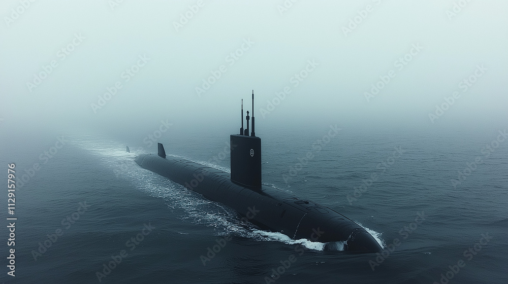 Fototapeta premium Submerged in Mystery: A sleek black submarine cuts through a swirling mist, leaving a trail of ripples in its wake, the air thick with anticipation and the promise of unseen depths. 
