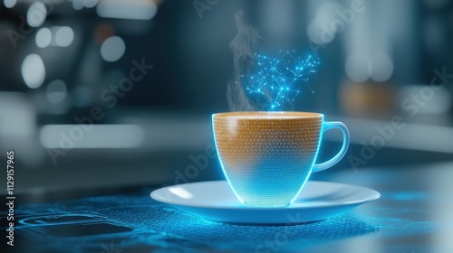 Coffee served on a digital platter projecting a virtual aroma, futuristic cafe